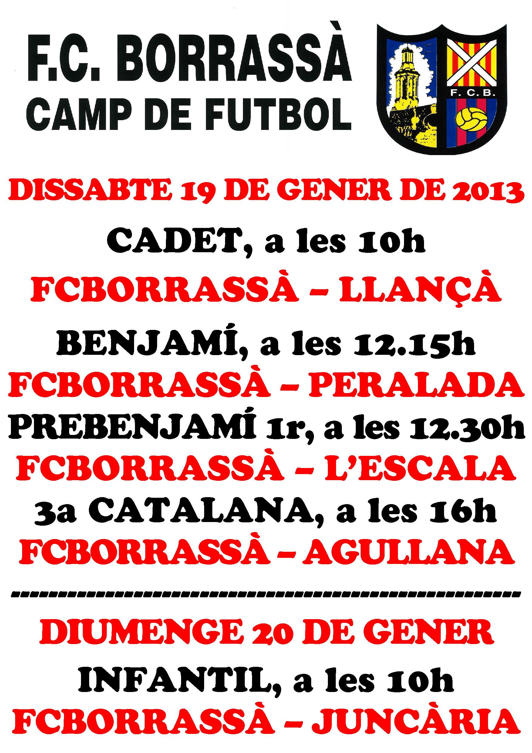 Els equips dels cadets, benjamins, prebenjamins de primer any, infantils i el de tercera catalana juguen partits aquest cap de setmana al Camp d'Esports Municipal. 
